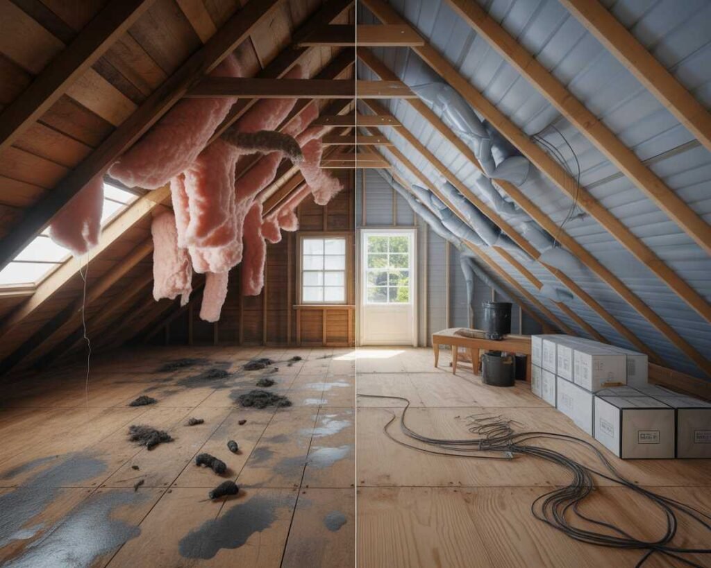 Before and after attic rodent cleanup service in Redwood City CA showing insulation restoration and sanitation