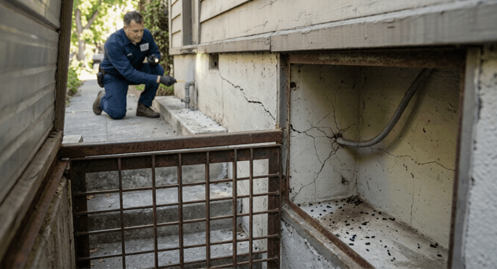 Homeowner inspecting foundation cracks and utility pipe gaps for rodent entry points around a house basement redwood city