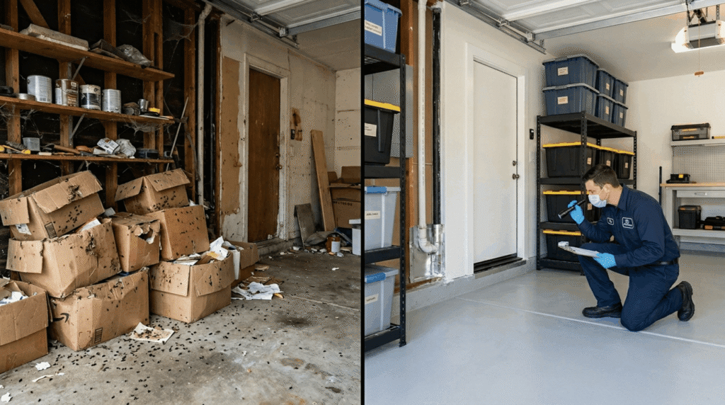 Before and after garage rat removal service in Redwood City CA showing cleanup and rodent prevention