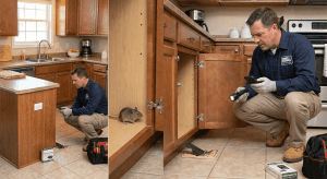 Professional rodent control technician inspecting a luxury home and modern apartment complex redwood shores