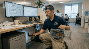 Industrial rodent control inspection in office building and warehouse facility with professional technician redwood city