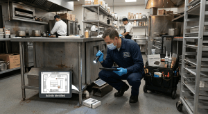 Professional rodent control technician inspecting restaurant kitchen and commercial building for rodent prevention woodside plaza