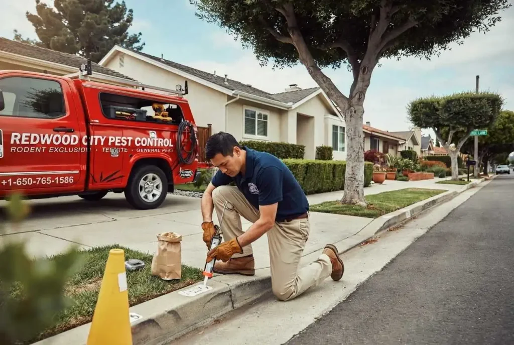 Rodent control technician inspecting a home in Woodside Plaza, Redwood City