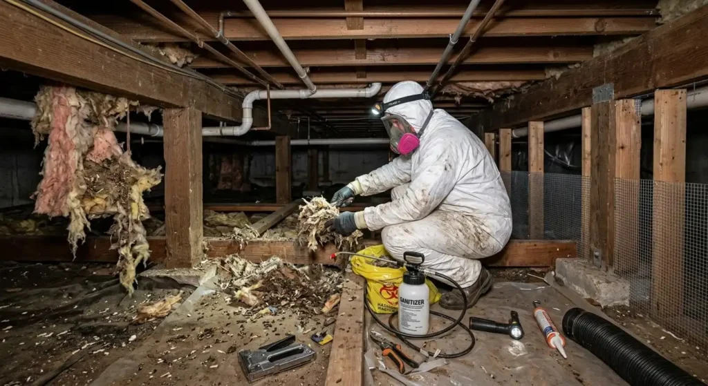 Professional rodent control technician sealing rodent entry points during a rat removal service in Bair Island, Redwood City.