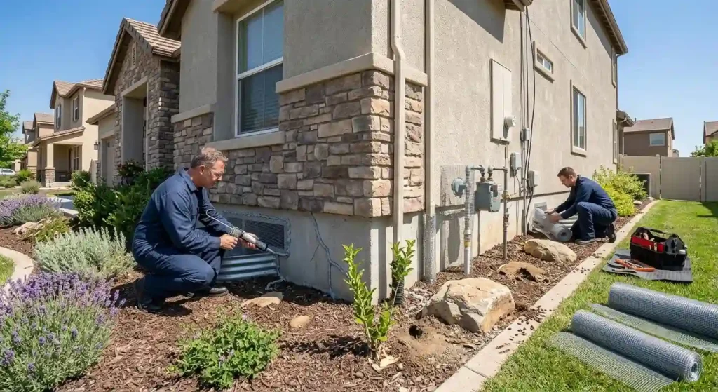 Professional rodent control technician removing rats and sealing entry points in a Centennial, CA home.