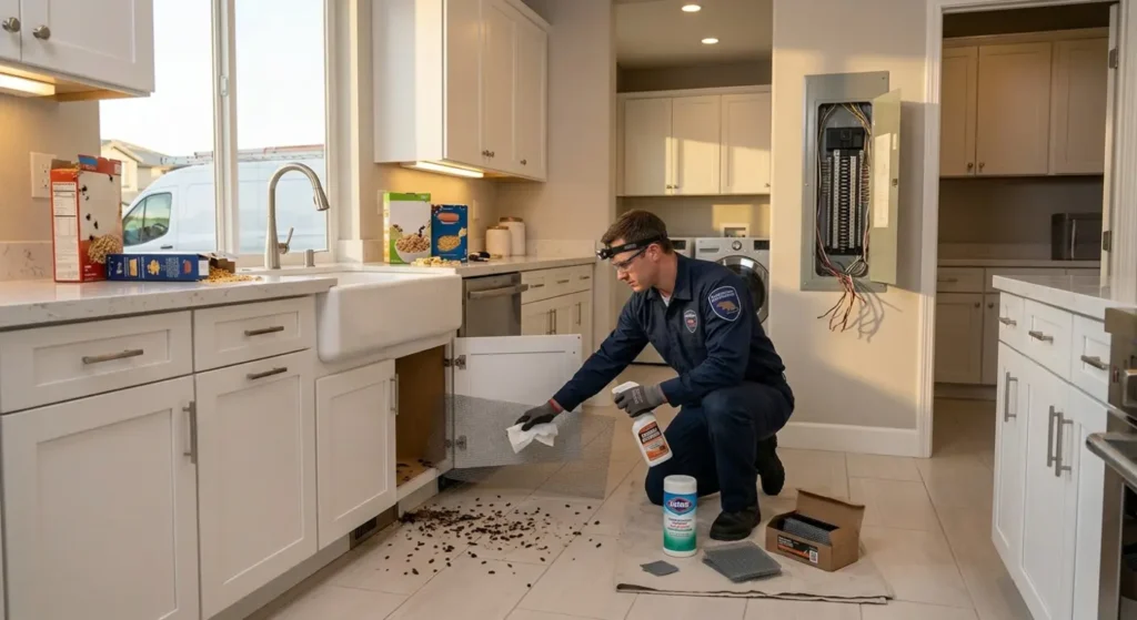 Professional rodent control technician removing rats and sealing entry points in a Centennial home.