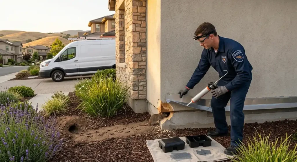 Professional rodent control expert inspecting and removing rats from a Farm Hills home.
