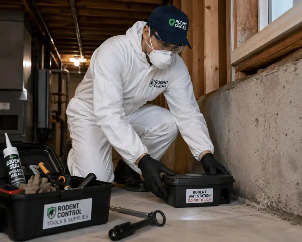 Rodent control expert removing rats from a Redwood City CA home