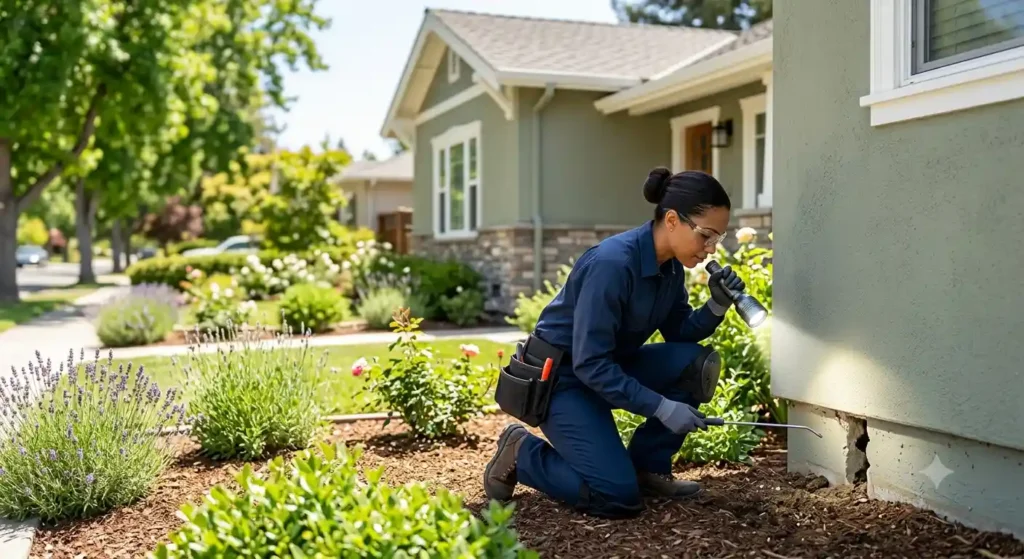 Professional rodent control technicians sealing potential rodent entry points around a residential home in stambaugh heller